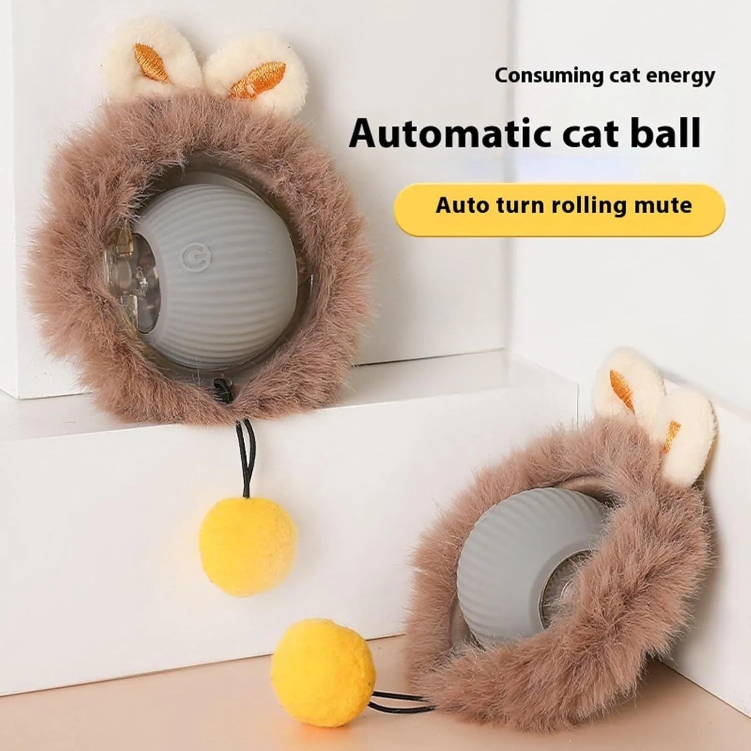 Automatic rolling ball pet toy with string in grey, green, or red colours