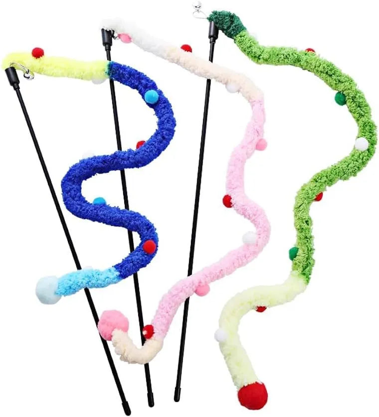 Blue cat wand toy with long plush strip and colourful feather balls attached, held upright.