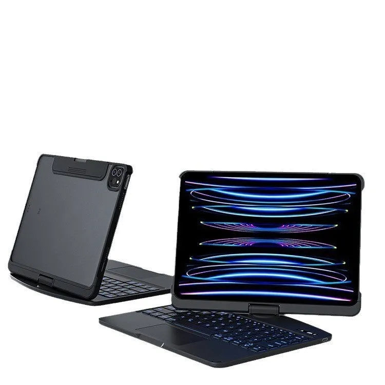 Transparent wireless keyboard protective case for iPad Pro and iPad Air models showing Bluetooth connectivity