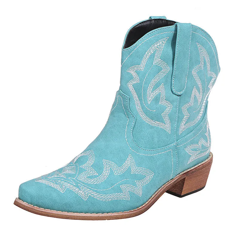 Women's blue embroidered cowboy boots with wedge heel and pointed toe