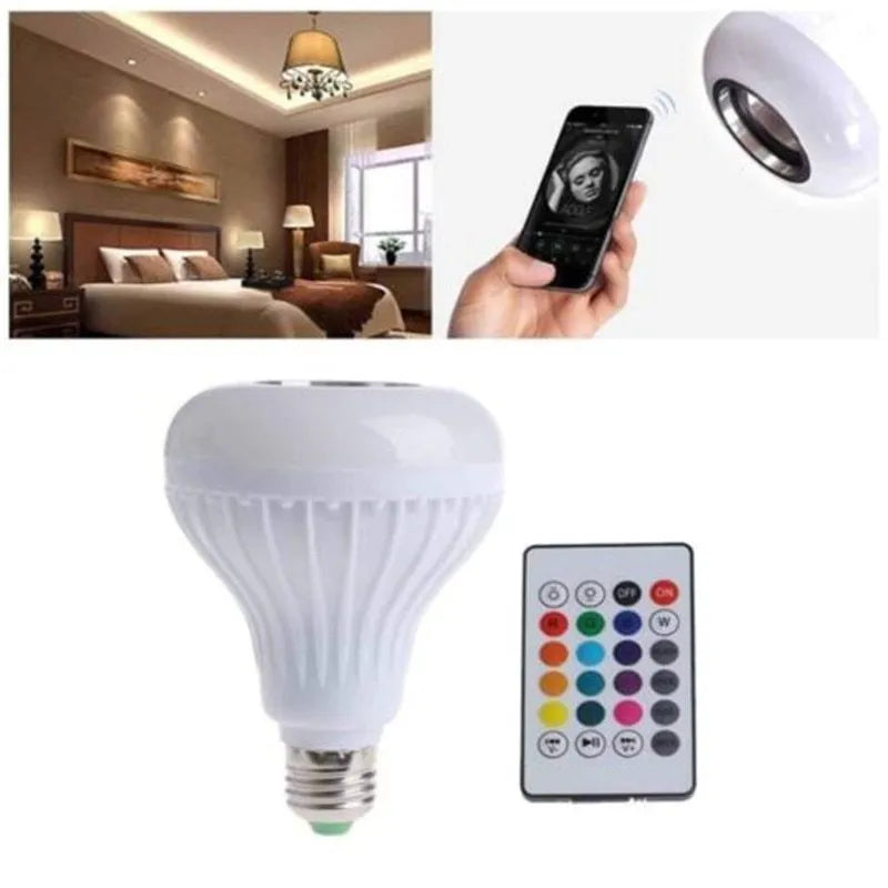 White smart LED bulb with Bluetooth speaker and remote control for colour changing lights.