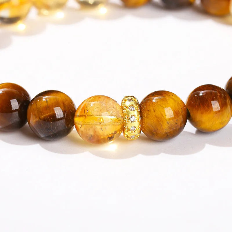 Yellow tiger stone and crystal bracelet with 8mm geometric round beads