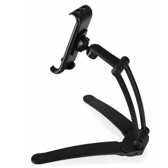 Silver aluminium alloy desktop tablet stand holding a tablet, showing 360-degree adjustable arm and mounting base.
