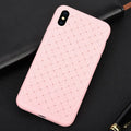 Luxury grid weaving patterned TPU phone case for iPhone shown in available colours with hollow cooling design.