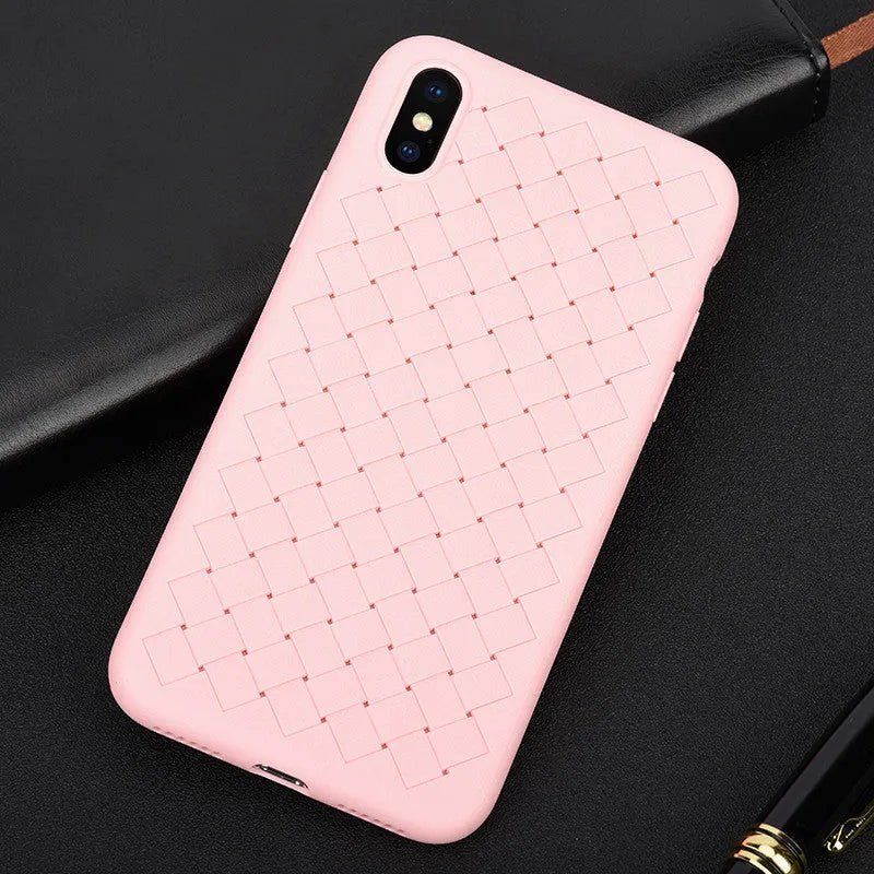Luxury grid weaving patterned TPU phone case for iPhone shown in available colours with hollow cooling design.