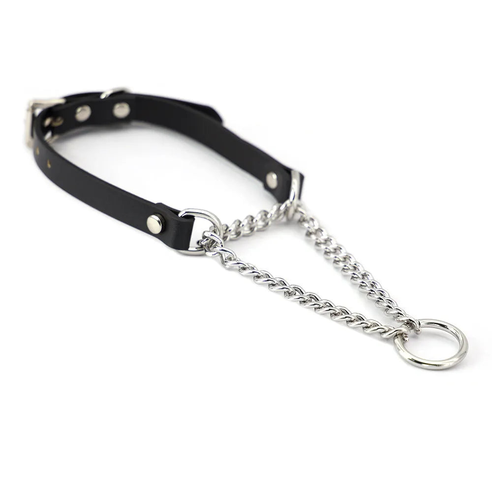 Black leather adjustable collar and matching leash with a hand grip rope.