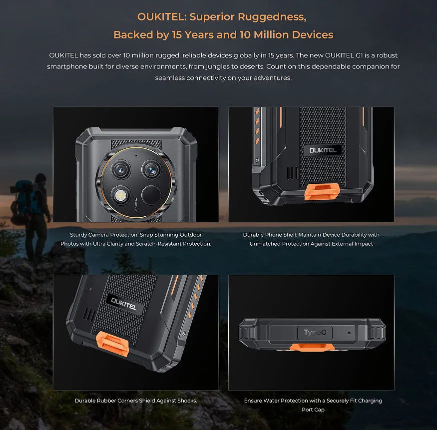 OUKITEL G1 mobile phone in grey, green, or orange colour with included charger.