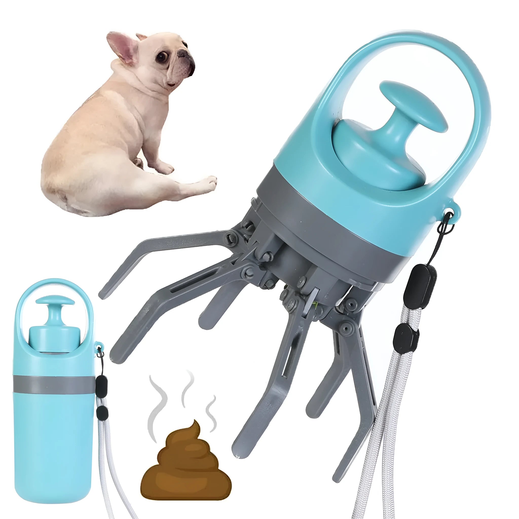 Blue plastic dog pooper scooper with eight-claw shovel and built-in bag dispenser
