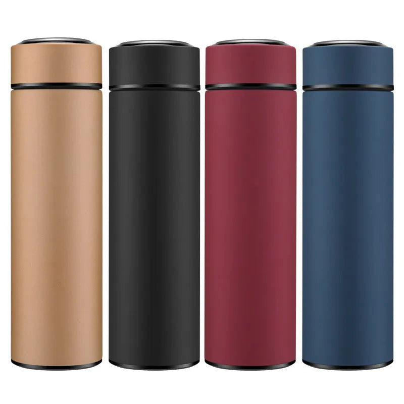 450ml stainless steel vacuum insulated water bottle in black, red, gold, and blue colours