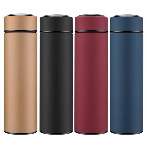450ml stainless steel vacuum insulated water bottle in black, red, gold, and blue colours