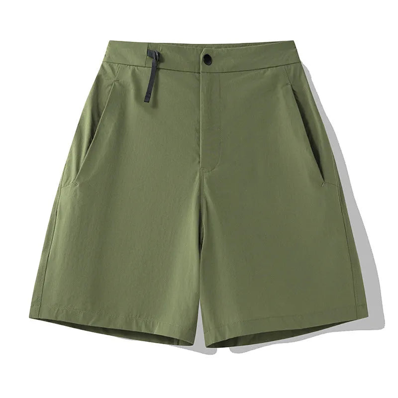 Men's quick-drying sports shorts in Army Green colour with elastic waistband, shown flat.