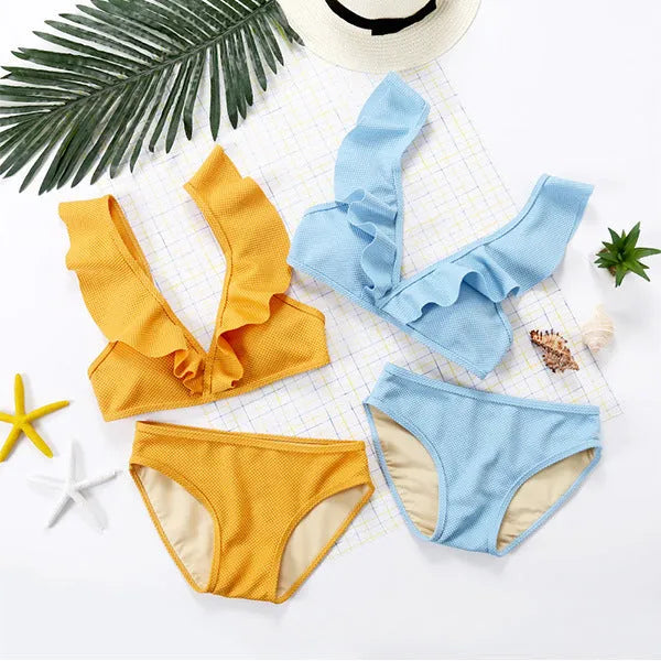 ladies V-neck bikini two piece set nylon non-wire chest pad swimming blue yellow