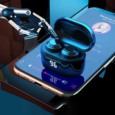 Black in-ear stereo Bluetooth headset showing earplug design for wireless calls and music.