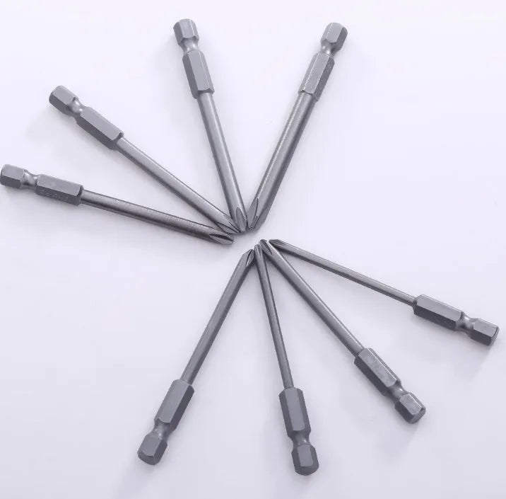 Eight 75mm magnetic Phillips screwdriver bits with hex shanks in various sizes