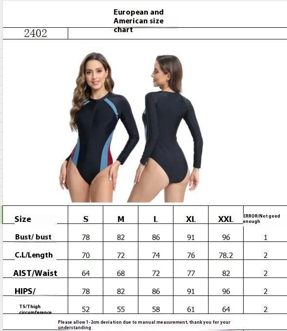 Blue and red long sleeve one-piece swimsuit with front zipper for swimming training.