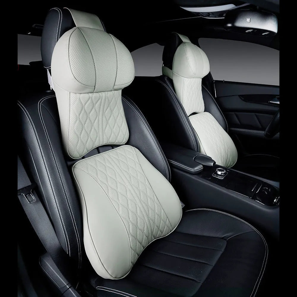 Car neck pillow and lumbar support pillow set with wavy leather embroidery pattern in a choice of colours.