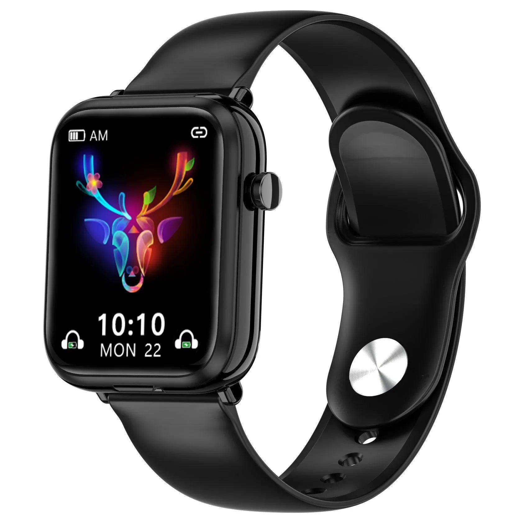 Black zinc alloy smartwatch with 1.69-inch touchscreen and Bluetooth earbuds in charging case.