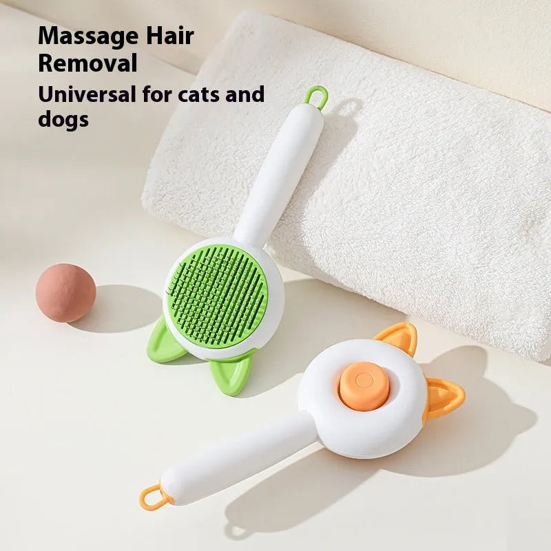 Self-cleaning pet grooming comb with massage function in greenish white or orange white colour options