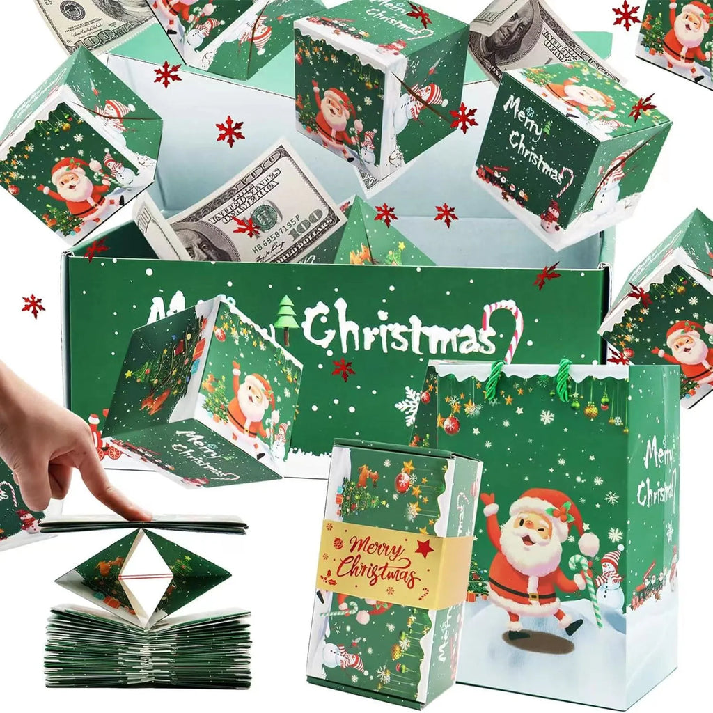 Surprise box birthday creative gift set with paper bounce boxes, gift box, and gift bag in Santa snowman red design