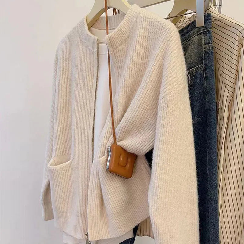 Beige viscose knit sweater coat for women, shown as an open-front cardigan with long sleeves.