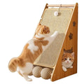 Vertical wall-mounted cat scratch board with sisal surface and a dangling jute rope tease ball.