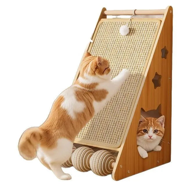 Vertical wall-mounted cat scratch board with sisal surface and a dangling jute rope tease ball.