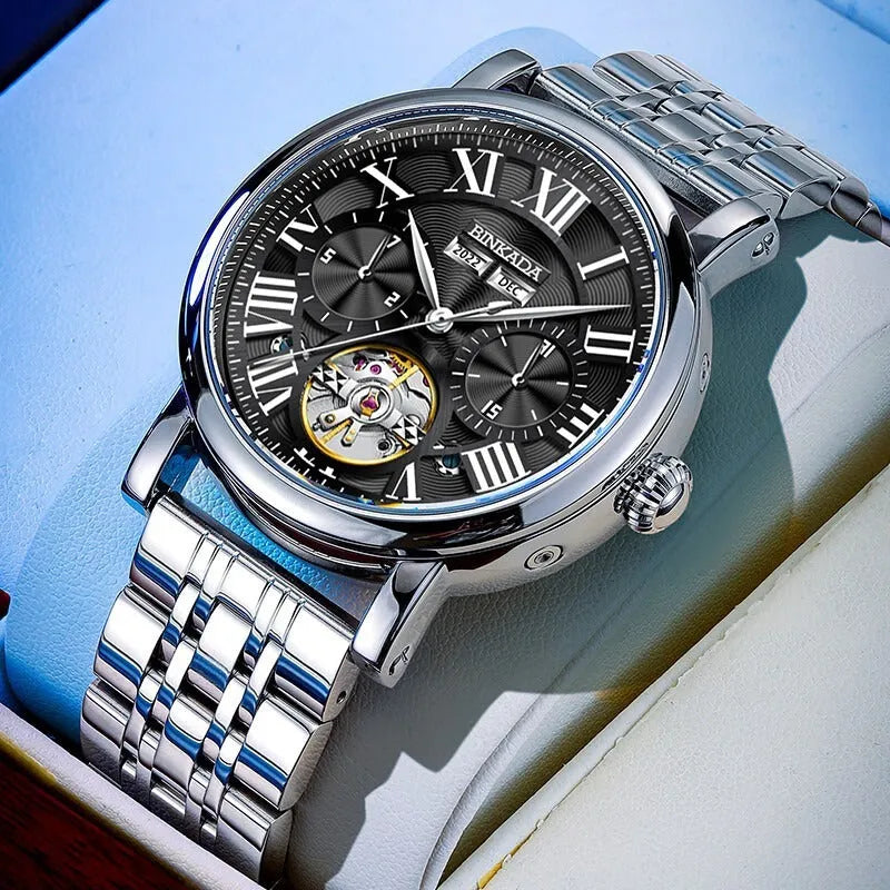 Men's automatic waterproof watch with steel strap in business style design