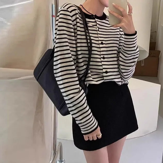 Dark grey and white striped women's cardigan coat with slim fit and short length.