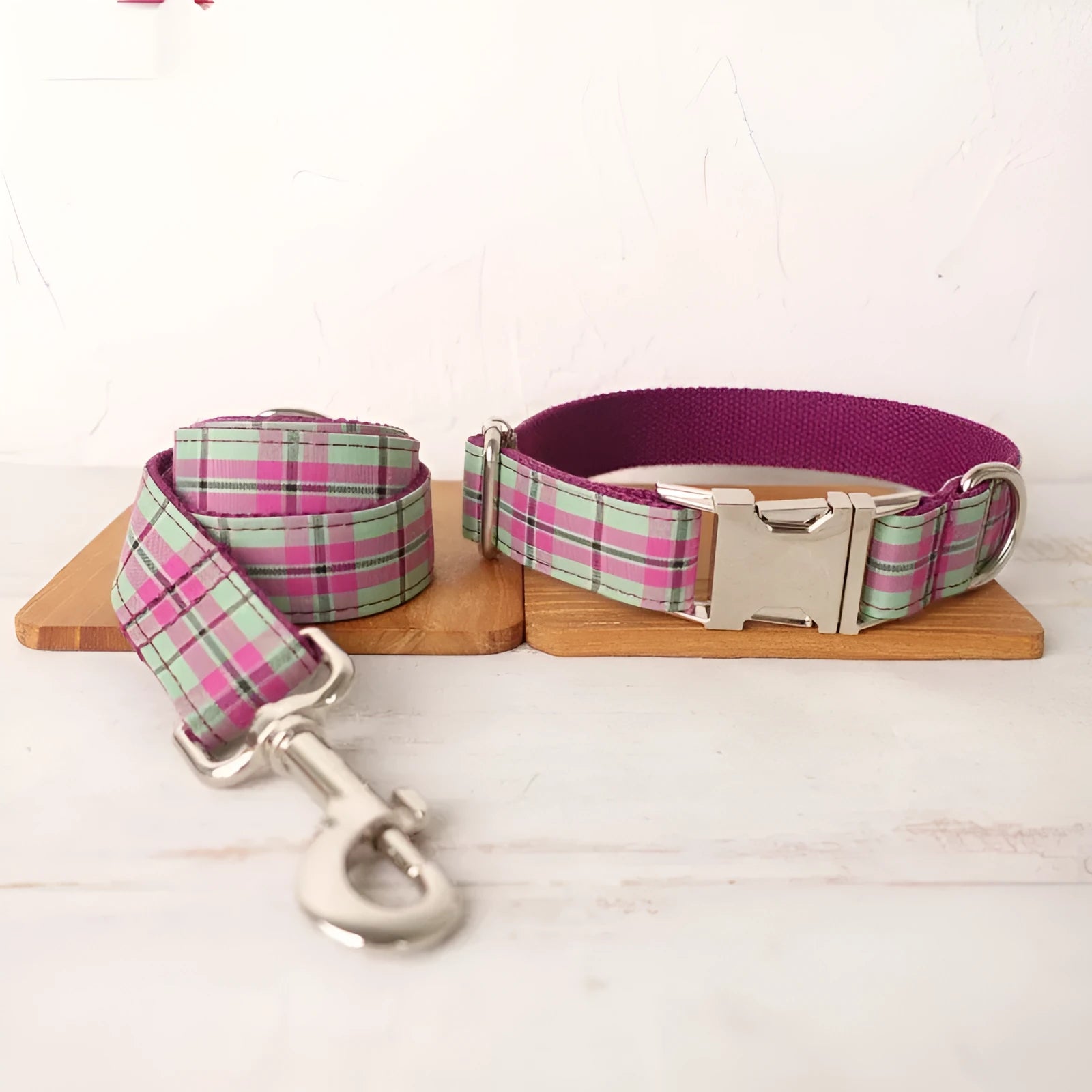 Mint green polyester dog collar and leash set for pet walking