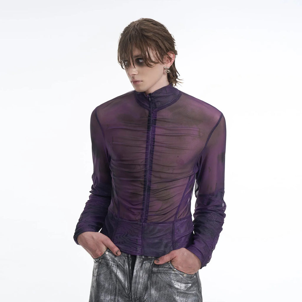 Men's black grey long-sleeved T-shirt featuring a half-turtleneck collar with a mesh zipper detail