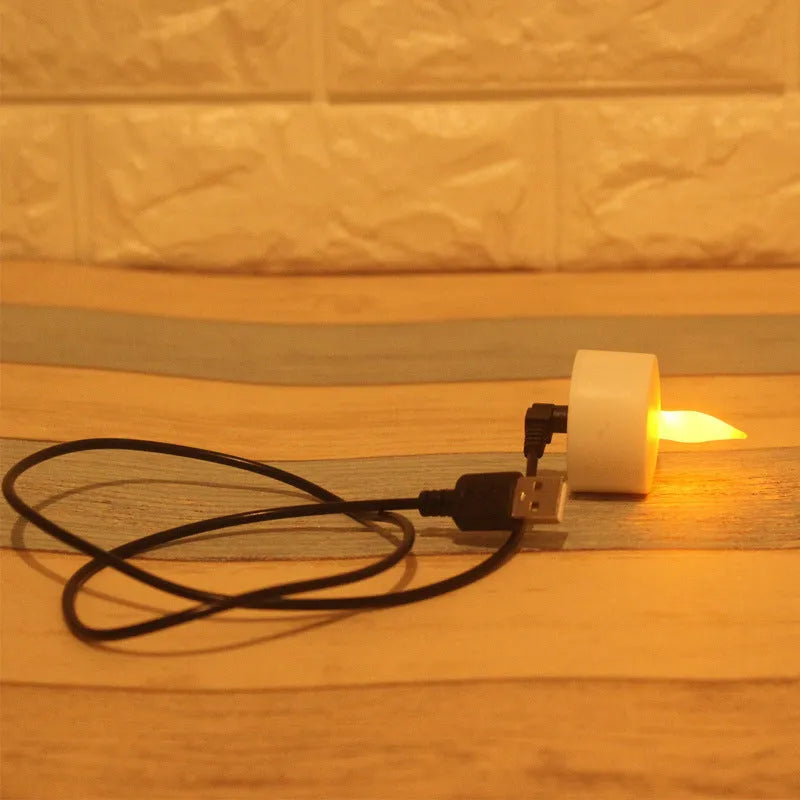 White plastic USB rechargeable LED candle lamp with flickering flame effect on wooden table