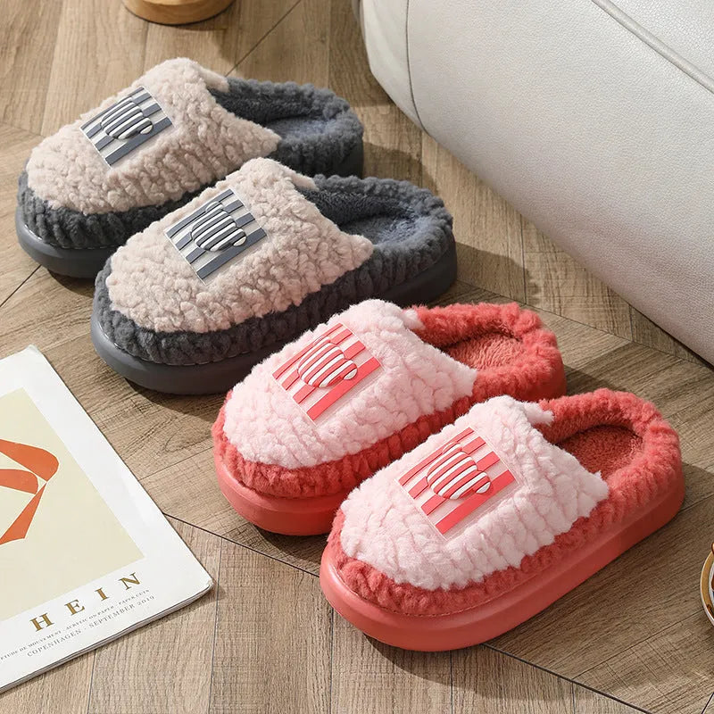 Lamb wool non-slip indoor slippers for couples in winter, thick sole with car stitching