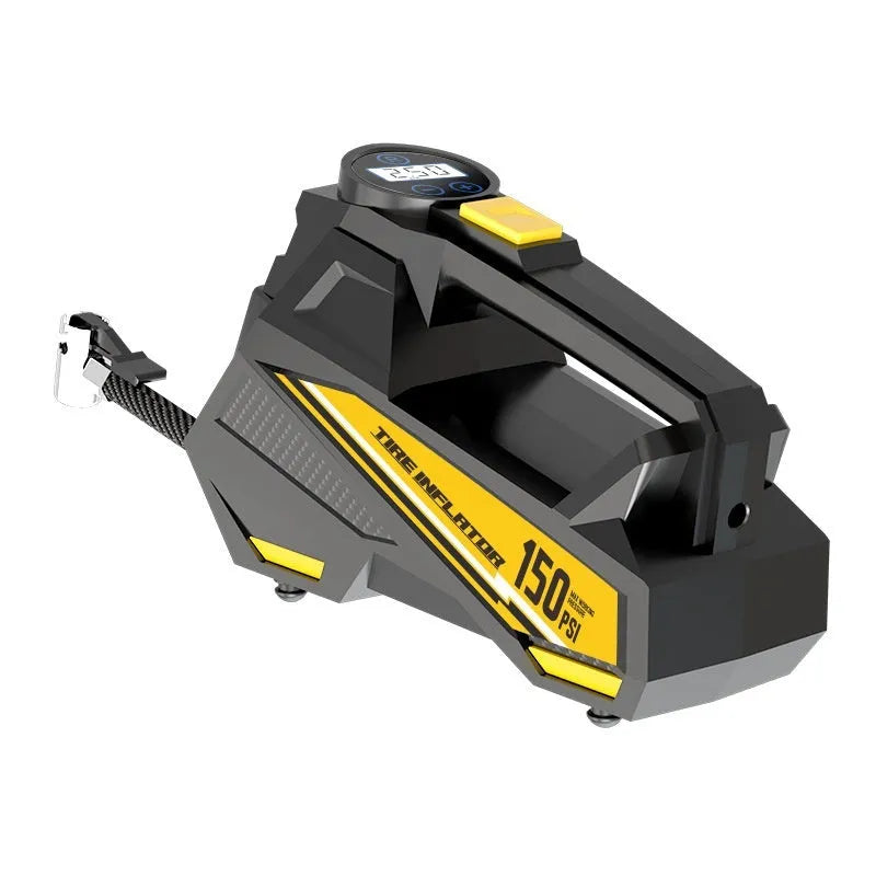 Black portable digital car tyre inflator with LED light and 12V power cable.