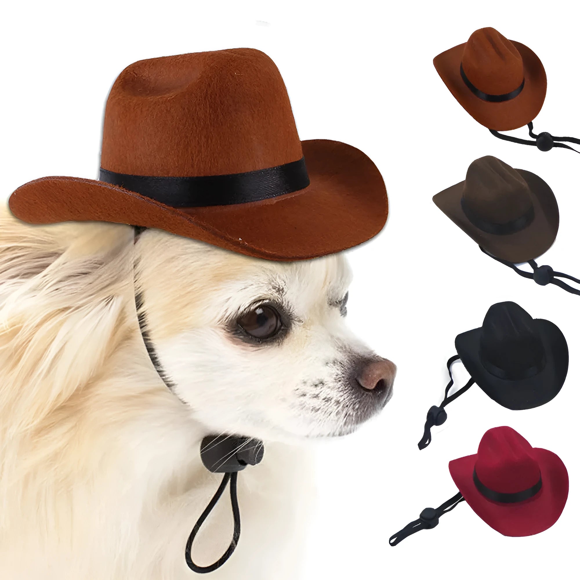 Adjustable pet dog cowboy hat in brown shown on a small dog for size reference.