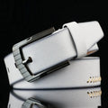 Men's black imitation leather belt with silver alloy pin buckle on a white background.