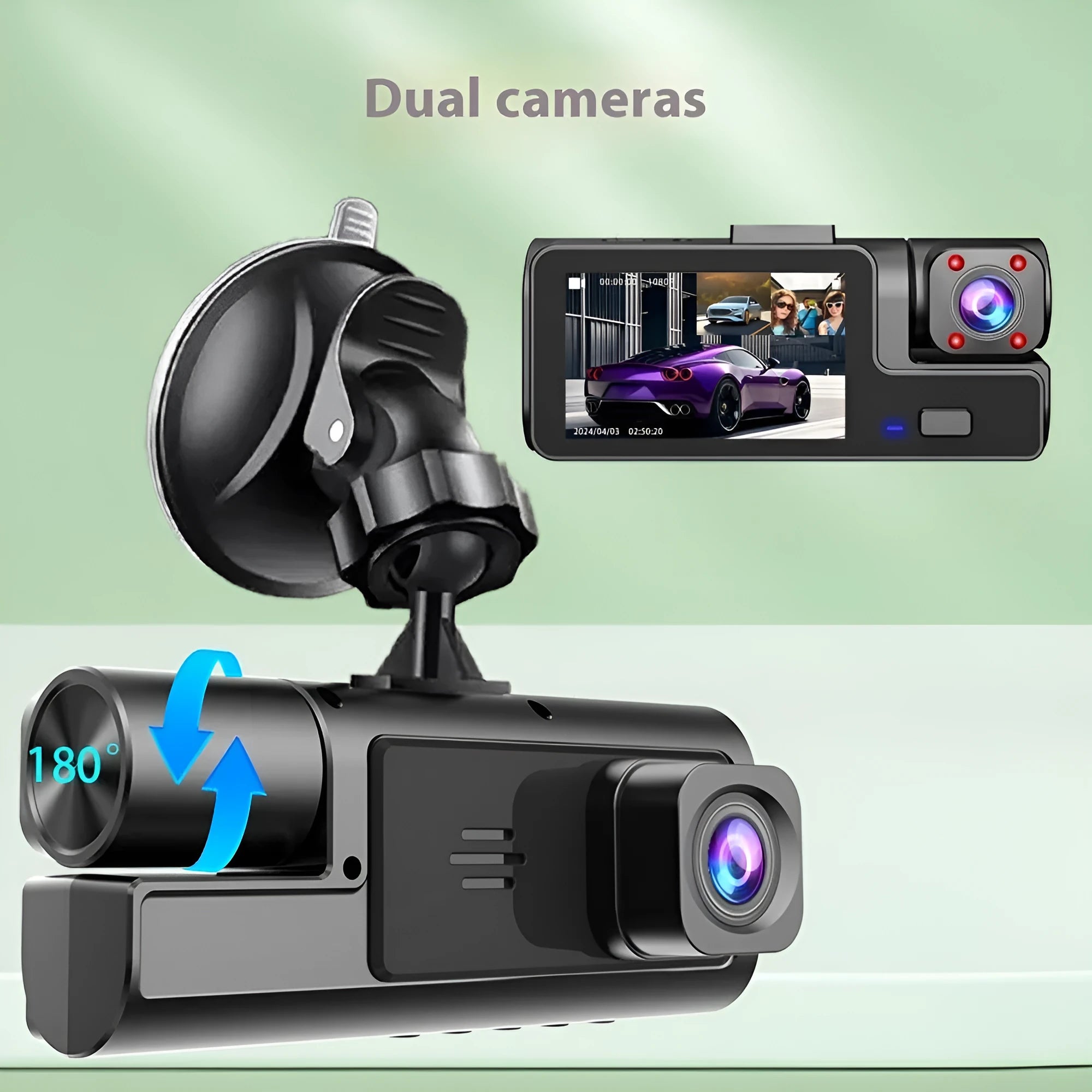 WiFi car driving recorder with 2-inch screen on a dashboard, showing front and rear camera views.