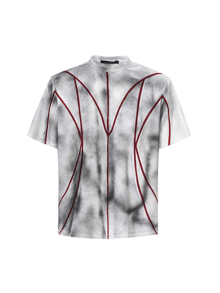 Women's short sleeve t-shirt with padded shoulders and three-dimensional line patchwork design on a round neck.