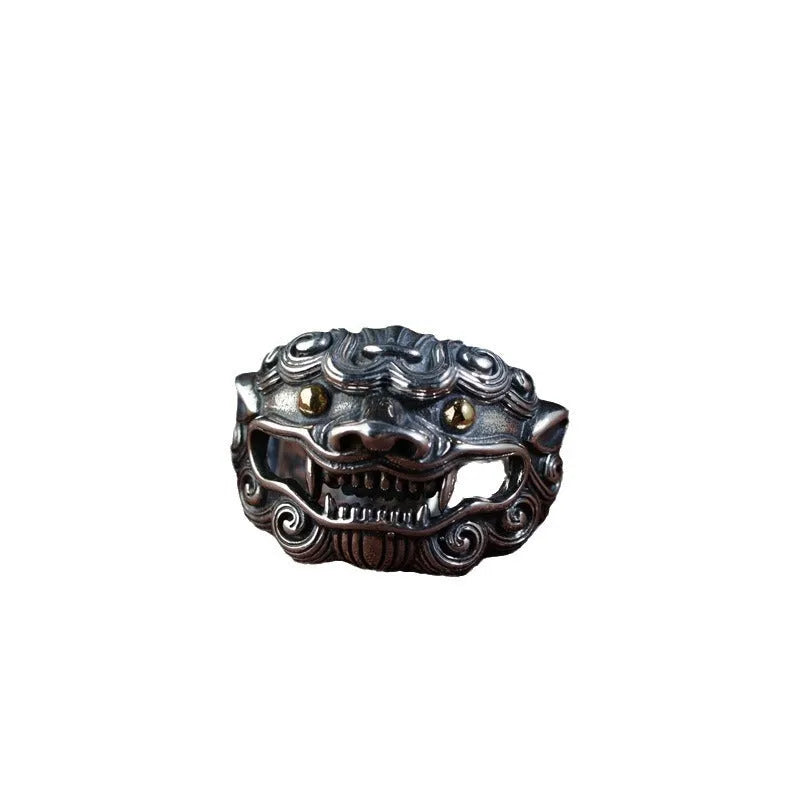 Silver open ring with domineering Jibeast animal Zodiac pattern and diamond detail.