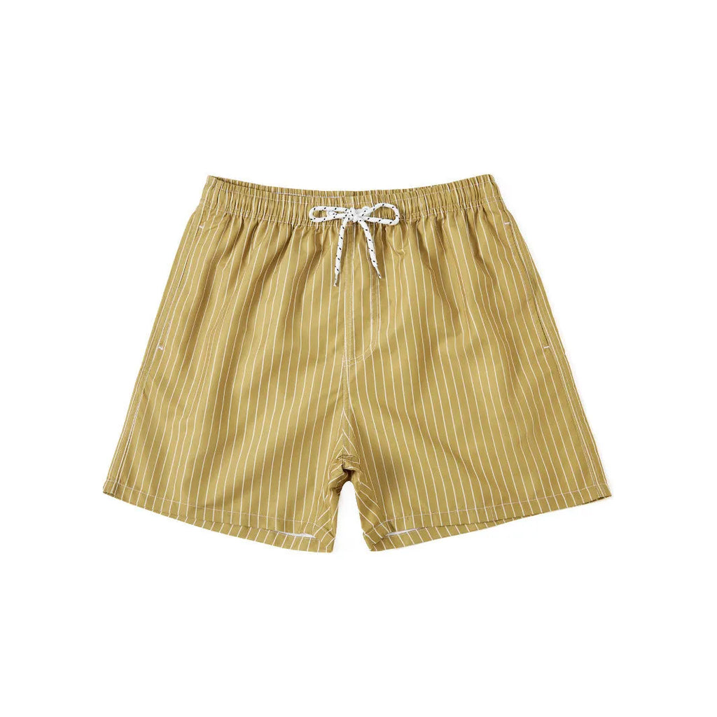 Men's striped polyester shorts in navy blue on a mannequin, showing straight leg design.