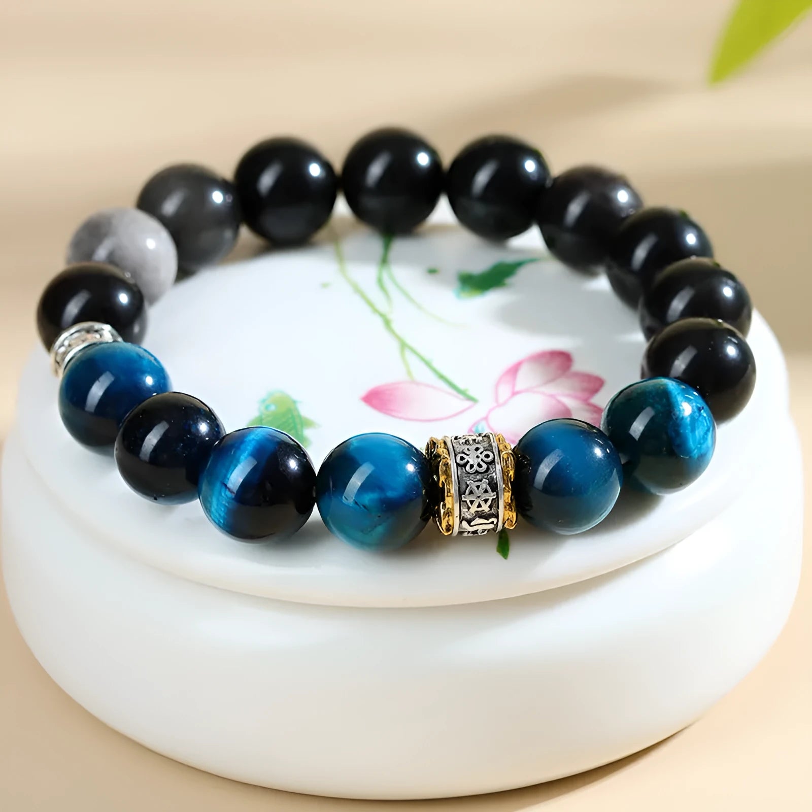 Handmade peacock blue Tigereye stone bracelet with geometric silver beads in ethnic style