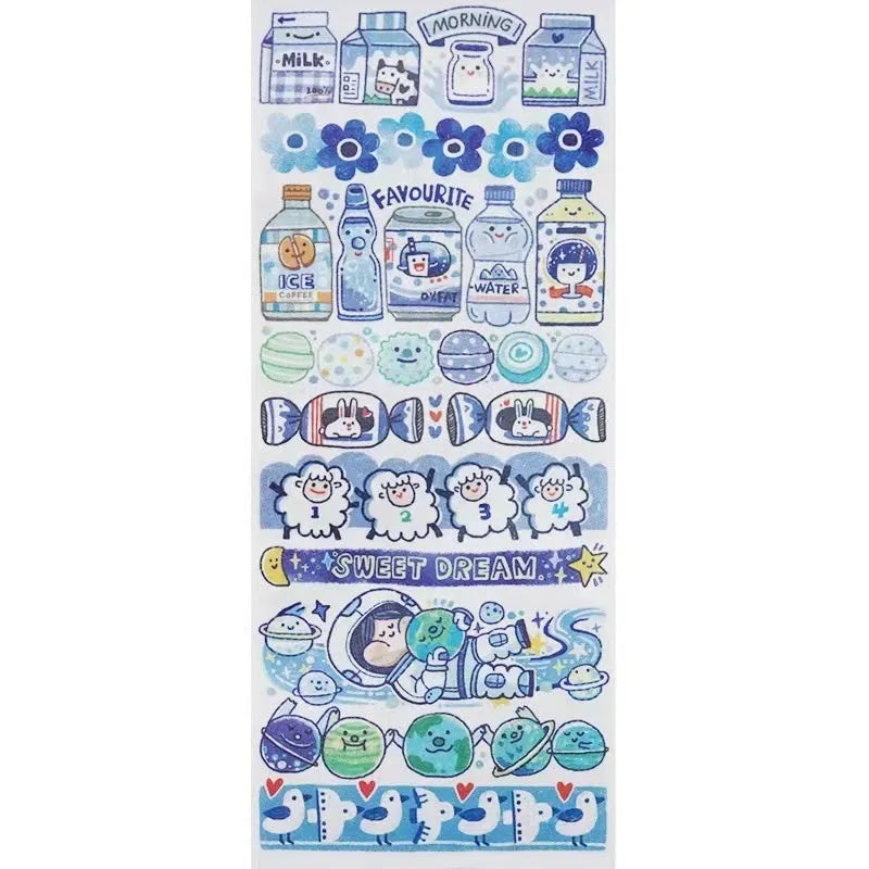Sheet of cute cartoon character stickers on Japanese paper for packaging and crafts