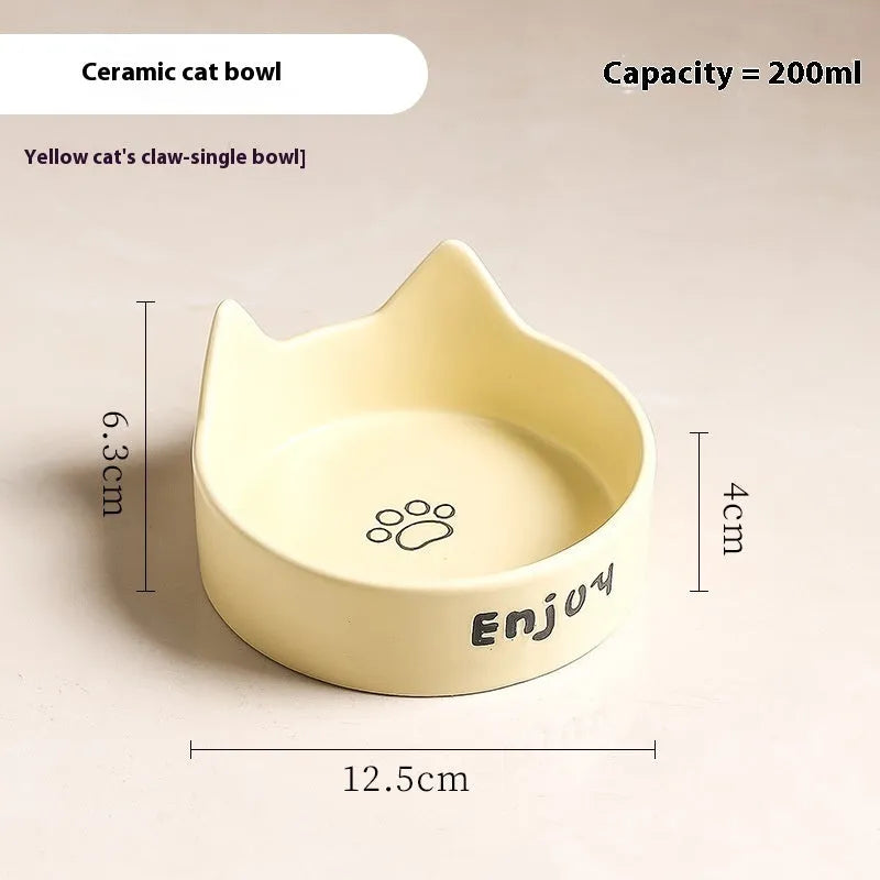 Porcelain cat bowls with wooden frame in cat ear paw design