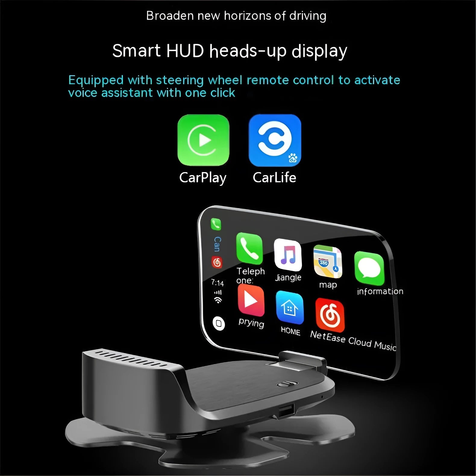 Black HUD head-up display projector unit for car speed projection with OBD connector