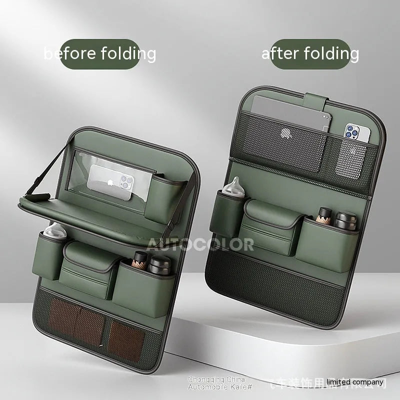 Leather car seat storage bag in black with handle and foldable dining table