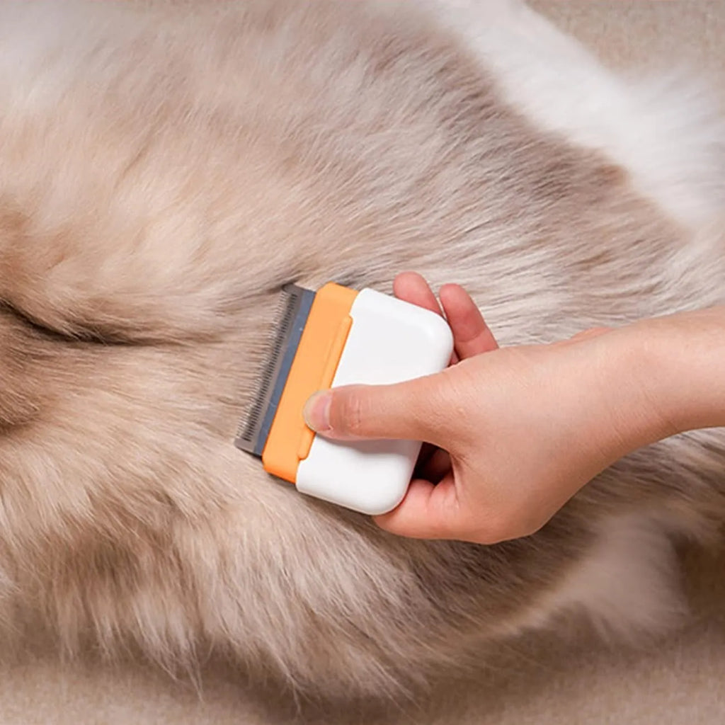 Double-sided pet grooming comb showing grooming pins and massage nodes in blue colour