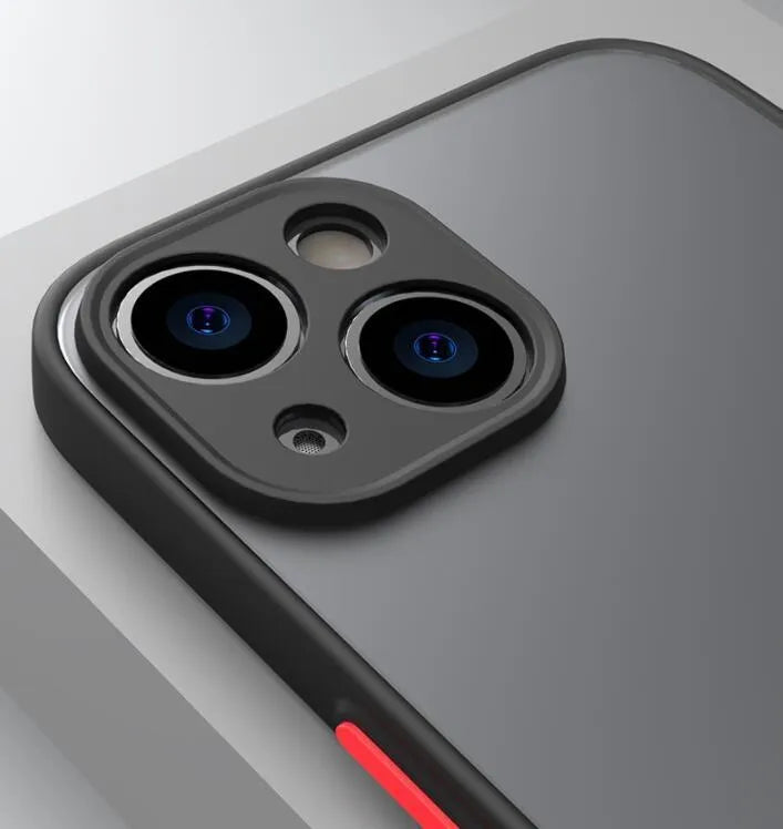 Hard frosted iPhone protective case with full camera lens coverage shown in dark green.
