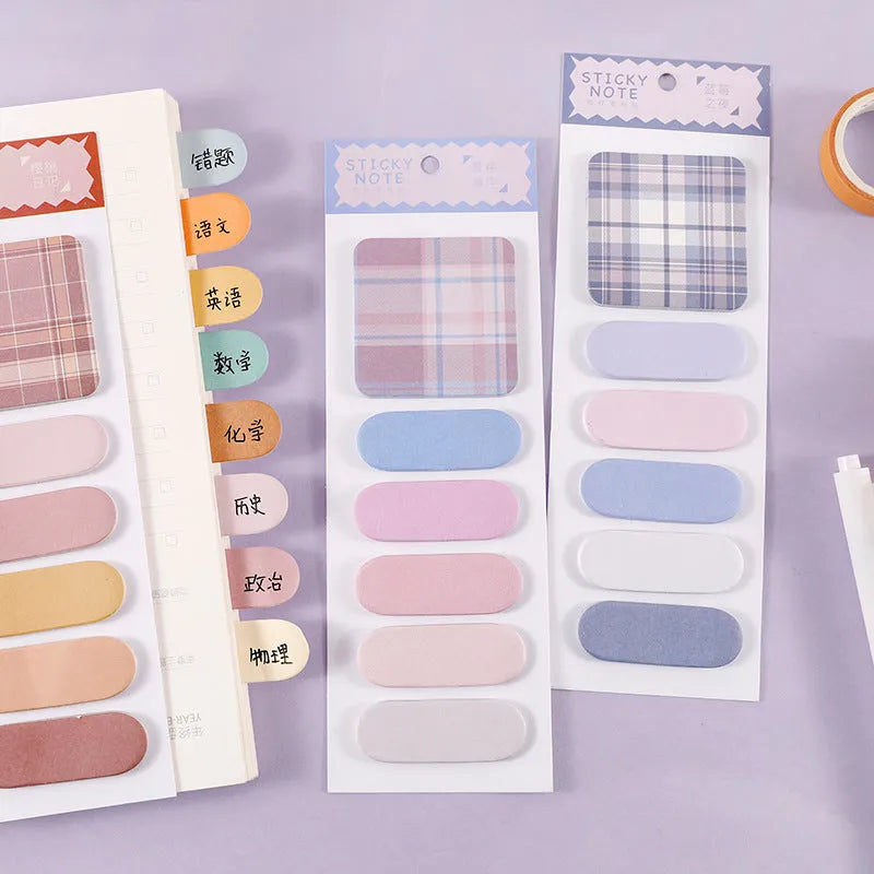Colourful plaid sticky notes memo pad showing eight designs including Spring Garden and Blueberry Night.