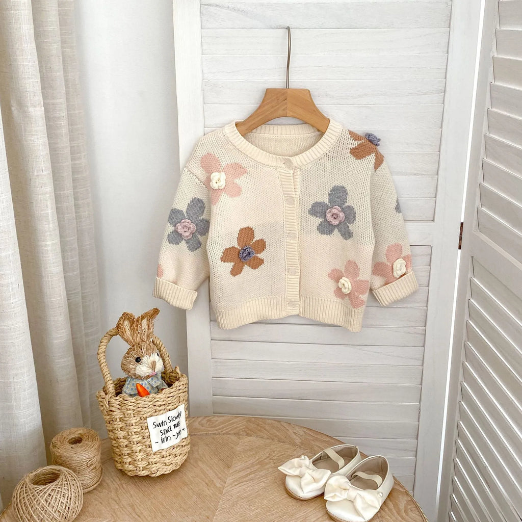Hand crocheted flower jacquard round neck cardigan knitted coat for babies in milky white cotton fabric