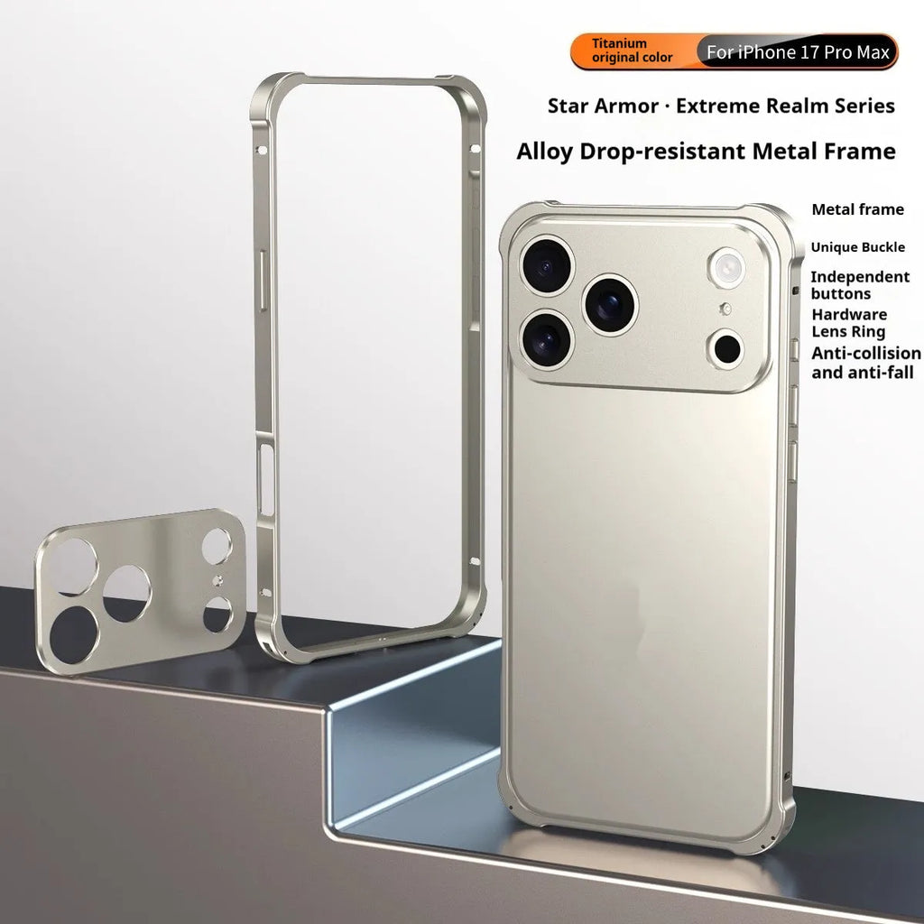 Alloy metal frame mobile phone case for iPhone 17 with seahorse buckle in a selection of five colours.