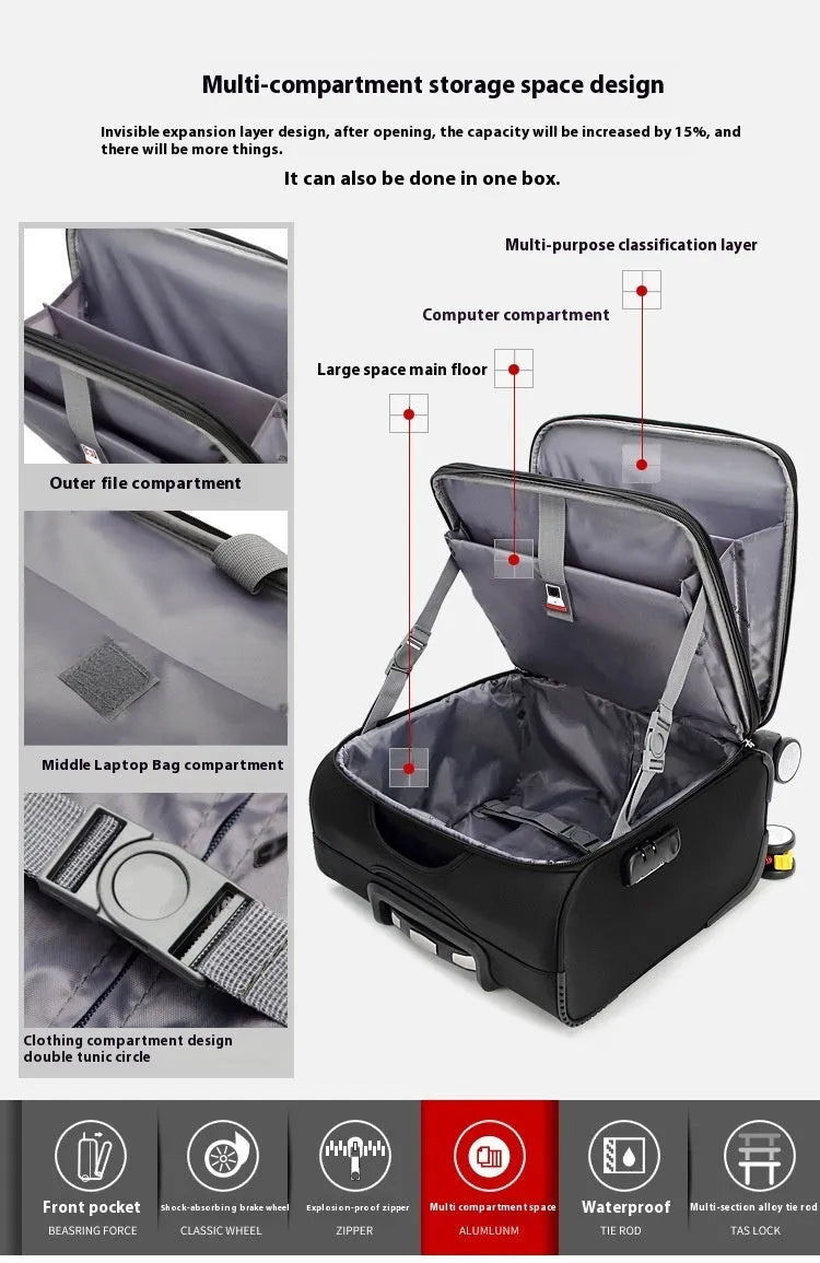 18-inch black Oxford cloth cabin suitcase with telescopic handle and wheels.